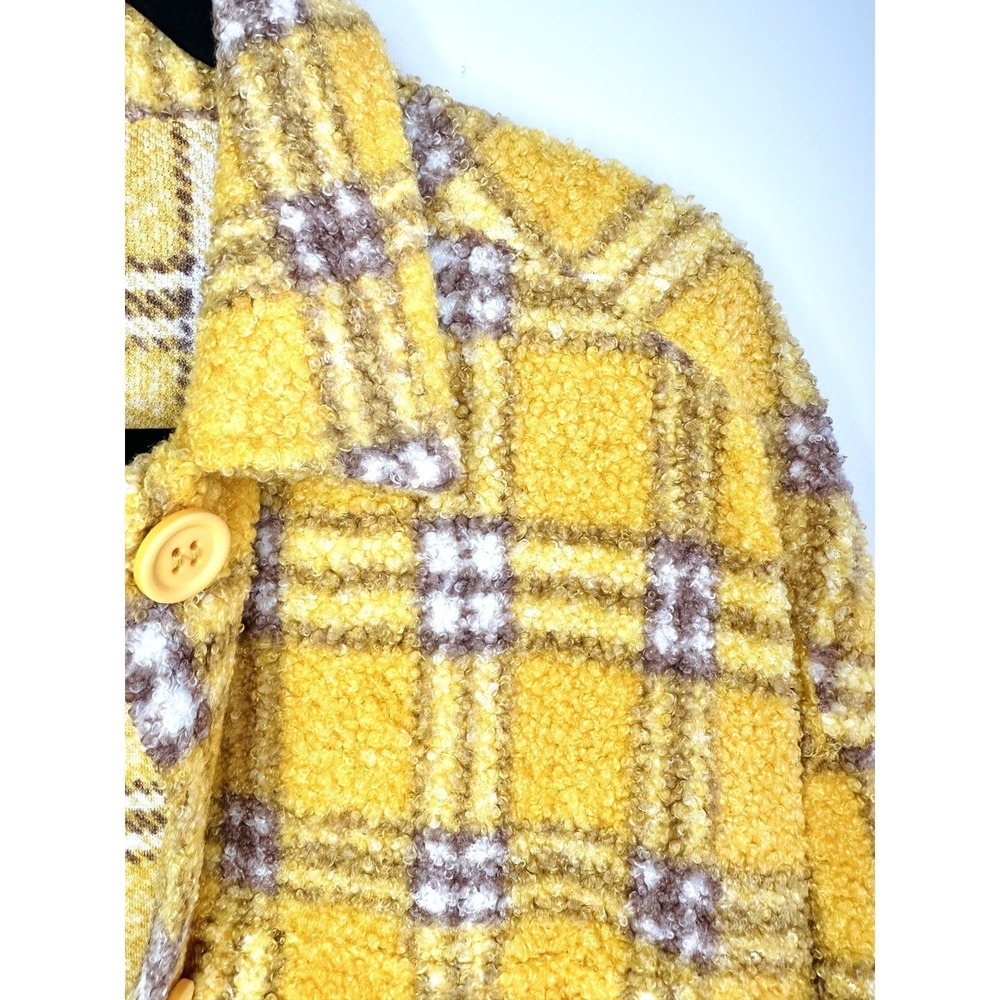 En Crème Women's Small Sherpa Shacket Jacket Plaid Oversized Mustard Streetwear - Picture 4 of 11